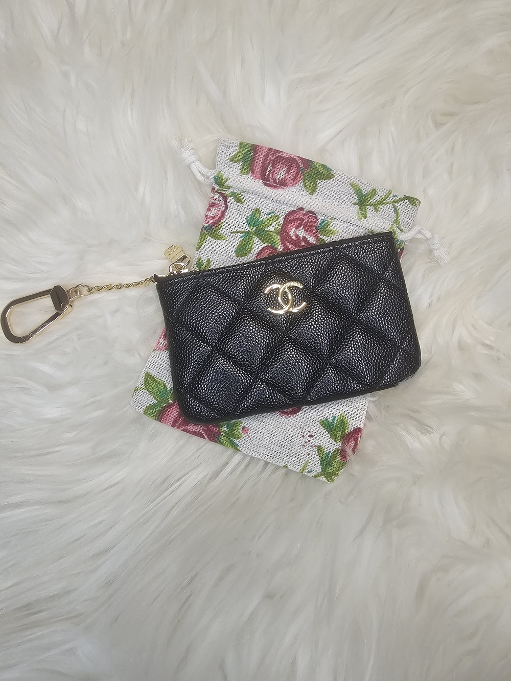 Black Quilted Key Pouch with Gold Hardware